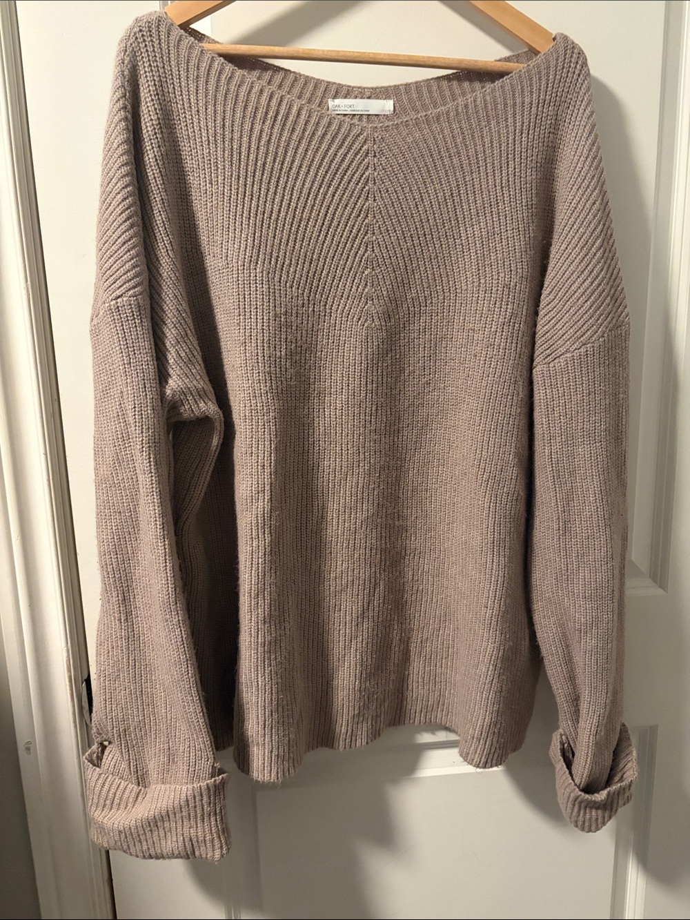 OAK + FORT Women's Ribbed Crewneck Sweater in Taupe